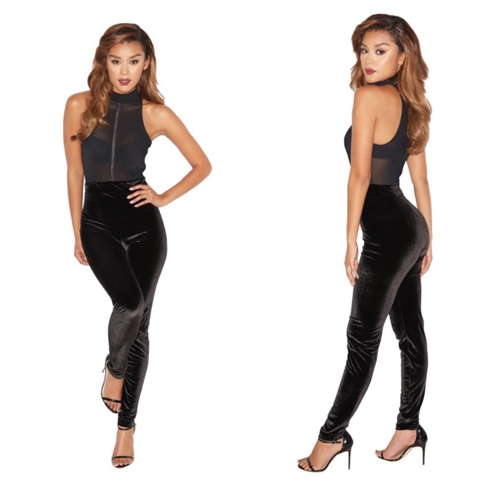 House of CB Stretch Velvet Mesh Jumpsuit Black